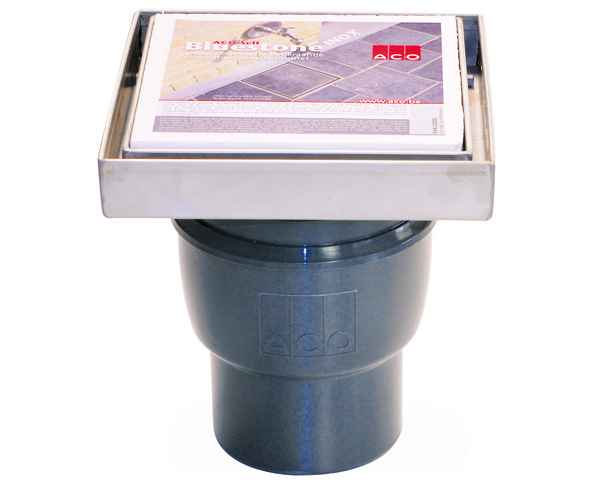 Siphon ACO pierre bleue Inox-V carrelé 200x200 sortie de fond