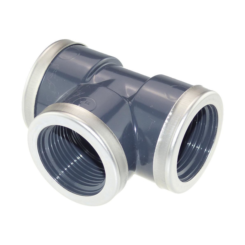 PVC druk T-stuk 1" met inox ring (30st/doos)