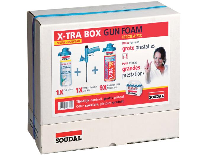 Soudafoam click&fix 500ml 9pcs+gun+cleaner Xtrabox