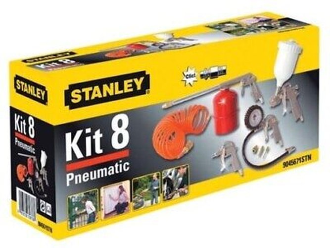 Pneumatic tool set, 8-piece, with spiral hose, spray gun with cup, blow gun, liquid gun and 3 attachments