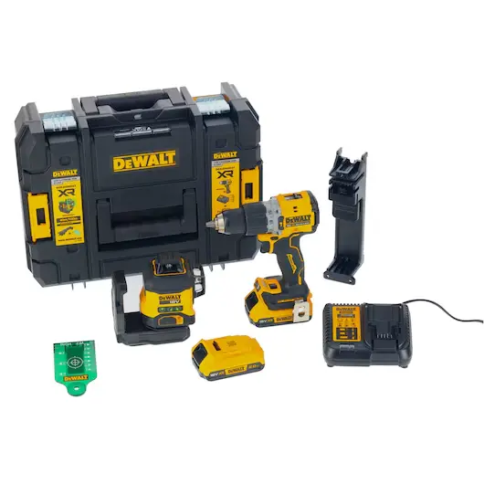 18V XR SET: 3x360° Compact Laser + Drillm. + 2x2.0Ah