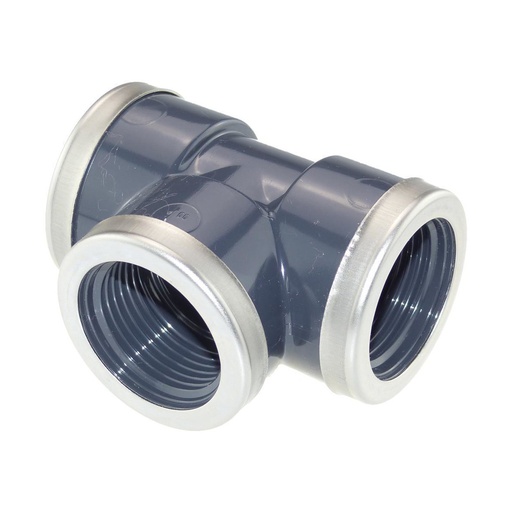 [01021003100] PVC druk T-stuk 1" met inox ring (30st/doos)