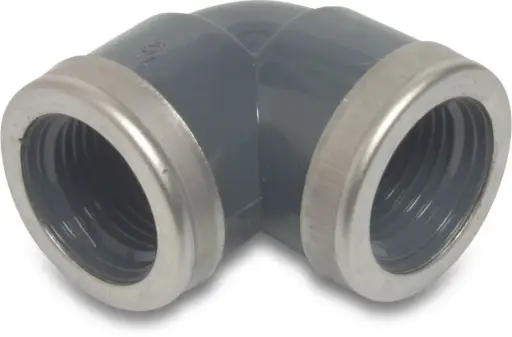 [0100300] Profec Knie 90° PVC-U 1/2" binnendraad 10bar grijs met RVS ring type versterkt